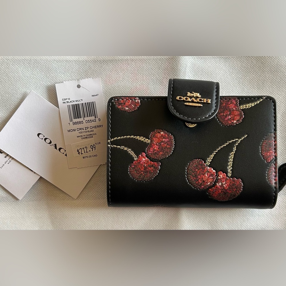 Authentic Coach Medium Corner Zip Wallet With Cherry Print NWT